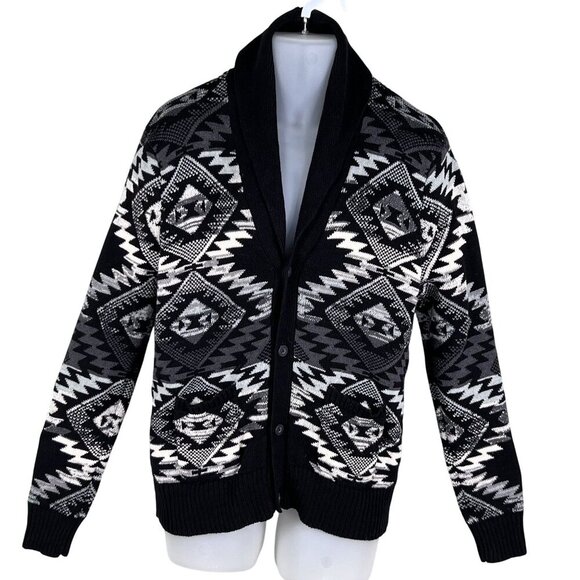 Adam Levine Men L Fair Isle Shawl Cardigan Aztec Black Gray Sweater Southwestern - Picture 1 of 16